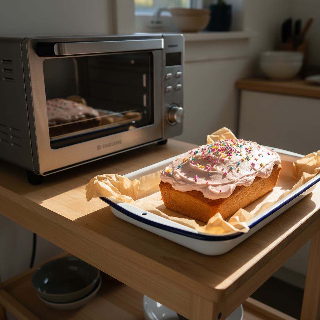 A petite loaf cake, frosted with a thick swirl of pale pink buttercream and sprinkled with rainbow confetti sprinkles, rests on a white enamel baking tray lined with crinkled parchment paper. The tray sits on a narrow kitchen cart beside a small, modern countertop oven, emphasizing the idea of baking in a tiny space. Warm, indirect morning light filters in from the side, creating soft highlights on the glossy frosting and subtle shadows along the metal oven door. Photographic realism, captured from a slightly elevated angle with the cake positioned on the rule of thirds, gives a playful, bright, and cozy atmosphere perfect for a small-home baking blog.
